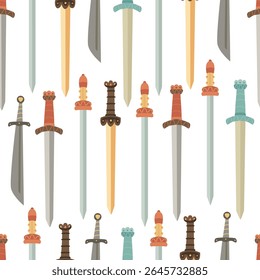 Seamless pattern with various swords in doodle style. Hand drawn flat style illustration for textile, wrapping paper, projects in a historical or fantasy theme