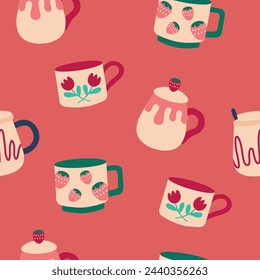 Seamless pattern with various tea cups. Cute dishes different shapes and ornaments on pink background.  Vector illustration for printing on fabric, packaging, paper.
