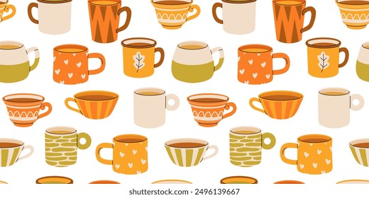 Seamless pattern with various tea cups and teapot. Cute autumn dishes different shapes and ornaments. Hand drawn color vector background in Modern flat cartoon style.