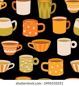 Seamless pattern with various tea cups and teapot. Cute autumn dishes different shapes and ornaments. Hand drawn color vector background in Modern flat cartoon style.