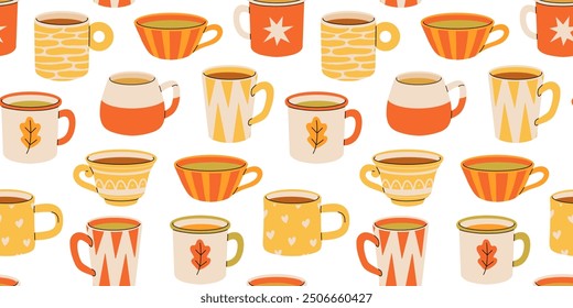 Seamless pattern with various tea cups and teapot. Cute autumn dishes different shapes and ornaments. Hand drawn color vector background in Modern flat cartoon style.