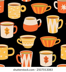 Seamless pattern with various tea cups and teapot. Cute autumn dishes different shapes and ornaments. Hand drawn color vector background in Modern flat cartoon style.