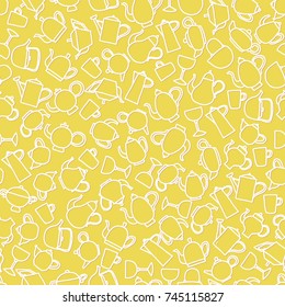 Seamless pattern with various teapots and cups on yellow background. Stylish vector illustration.