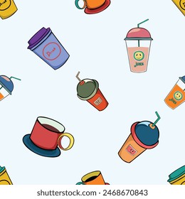Seamless pattern with various themes of plastic cups and coffee. Vector repeating texture. Perfect for printing on fabric or paper.