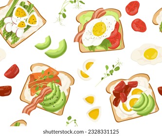 Seamless pattern with various toasts. Repeating design element for printing on fabric. Salad and eggs on fried bread. Bacon and seafood, tomatoes. Cartoon flat vector illustration