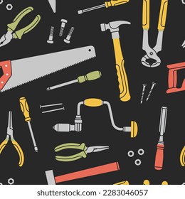 Seamless pattern with various tools: screwdriver, saw, hammer, chisel, pliers, drill, nails etc. Repair work, construction, home tools concept. Hand drawn vector illustration. For prints, textile etc.