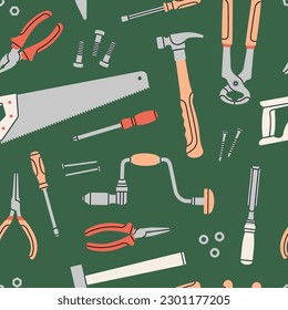 Seamless pattern with various tools: screwdriver, saw, hammer, chisel, pliers, drill, nails etc. Repair work, construction, home tools concept. Hand drawn vector illustration. For prints, textile etc.