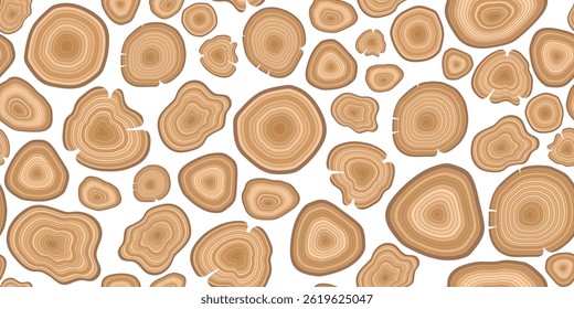 A seamless pattern of various tree log cross-sections with visible growth rings, set against a white background for a clean, natural design