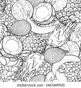 Seamless pattern with various tropical exotic fruits engraving black and white sketch style vector illustration. Botanical plants and foods decorative background.