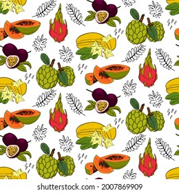 Seamless pattern with various tropical, exotic fruits on white. Vector fruit pattern.