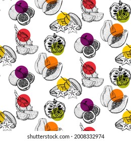 Seamless pattern with various tropical, exotic fruits on white. Vector fruit pattern.