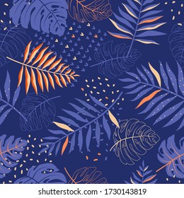 Seamless pattern of various tropical leaves.