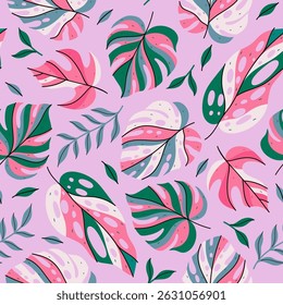 Seamless pattern with various tropical leaves on a pink background. Vector graphics.