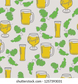 Seamless pattern with various types of beer glasses surrounded by hops and leaves.