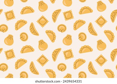 seamless pattern with various types of dumplings (pierogi, khinkali, ravioli, gyoza, pelmeni); international cuisine concept,- vector illustration