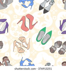 Seamless pattern of various types of female shoes. Vector illustration