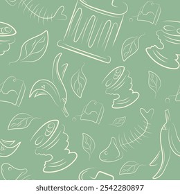 padrão perfeito com vários tipos de lixo e uma lata de lixo desenhada em esboço em um fundo verde, para lutar contra o dia da poluição ambiental