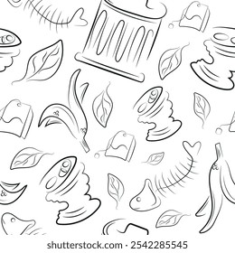 seamless pattern with various types of garbage and a garbage can drawn in outline, to fight against environmental pollution day