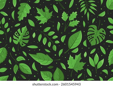 seamless pattern with various types of green leaves on a dark background. Backdrop with Maple leaves, monstera, oak leaves, mint leaves and other foliage for textile, eco projects, design, wrapping