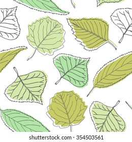 Seamless pattern with various types of green hand drawn leaves. Vector botanical background perfect for textile or wallpaper