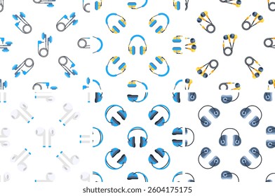 Seamless pattern with various types of headphones creating a modern and stylish design