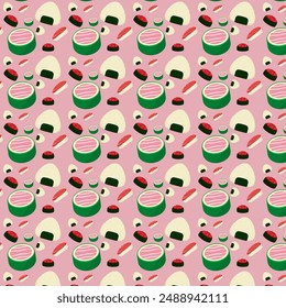 seamless pattern of various types of Japanese food. graphic vector illustration of different types of sushi