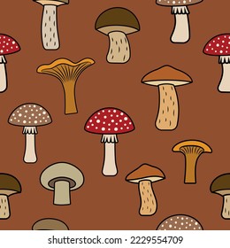 Seamless pattern of various types of mushrooms on a brown background.