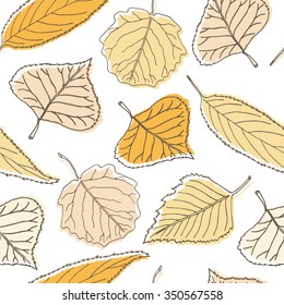 Seamless pattern with various types of orange and yellow hand drawn leaves. Vector botanical background perfect for textile or wallpaper