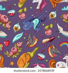 Seamless pattern of various unicorns with different expressions and elements like rainbows and hearts on a violet background