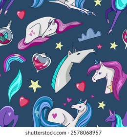 Seamless pattern of various unicorns with different expressions and elements like rainbows and hearts on a blue background