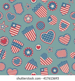 Seamless pattern of various USA symbols in red and blue colors