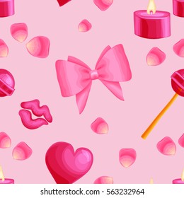 Seamless pattern with various valentine's items - rose petals, candy, bow, romantic candles, kiss