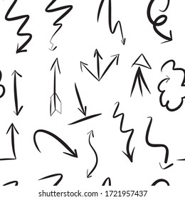 Seamless pattern of various vector icons with hand-drawn arrows. Arrow design sketch for Wallpaper, textiles, covers and other finishing materials.