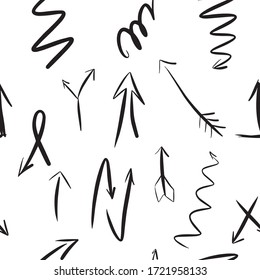 Seamless pattern of various vector icons with hand-drawn arrows. Arrow design sketch for Wallpaper, textiles, covers and other finishing materials.