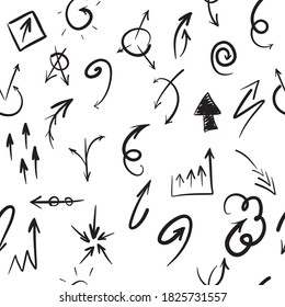 Seamless pattern of various vector icons with hand-drawn arrows. Arrow design sketch for Wallpaper, textiles, covers and other finishing materials.