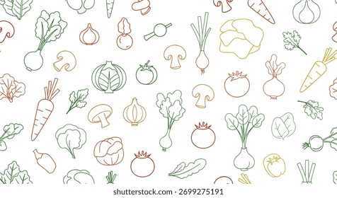 Patrón sin fisuras con varias verduras en un estilo de arte de línea colorido, perfecto para una alimentación saludable y fondos culinarios.