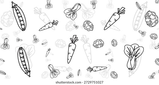 A seamless pattern of various vegetables and flowers in a simple black and white line art style. The vegetables include peas in pods, carrots, bok choy, and broccoli florets. Small floral elements are scattered throughout the design.