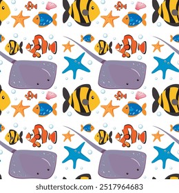 Seamless pattern with various vibrant sea creatures