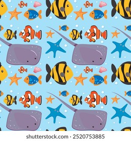 Seamless pattern with various vibrant sea creatures