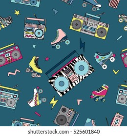 Seamless pattern with various vintage cassette players and roller skates. Retro 80s and 90s style vector art.