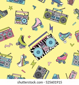 Seamless pattern with various vintage cassette players and roller skates. Retro 80s and 90s style vector art.