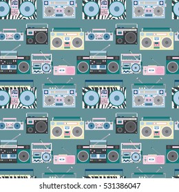 Seamless pattern with various vintage cassette players. Retro 80s and 90s style vector art.