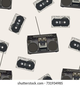 Seamless pattern with various vintage cassette players .