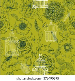 seamless pattern of various vintage keys and cages