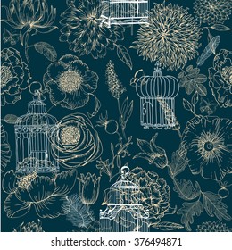 seamless pattern of various vintage keys and cages