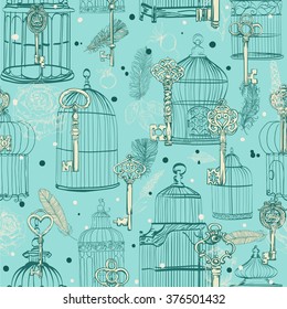 seamless pattern of various vintage keys and cages