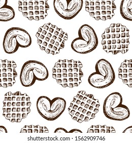 
Seamless pattern, various waffles and cookies hand drawn on white background. Suitable for packaging and Wallpaper. Vector