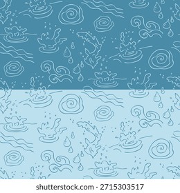 Patrón sin fisuras de varios Elementos de agua: salpicaduras, ondas, gotitas en estilo doodle. Elementos de agua aislados