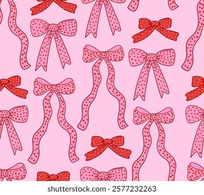 Seamless pattern with various wavy hand drawn bows with dots. Pink seamless pattern in coquette retro aesthetic with ribbons. Girly clipart for holidays, valentines day, birthday, etc