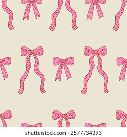 Seamless pattern with various wavy hand drawn bows with dots. Pink seamless pattern in coquette retro aesthetic with ribbons. Girly clipart for holidays, valentines day, birthday, etc